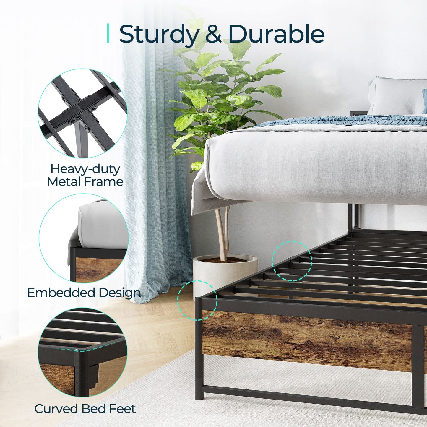 LINSY Full Bed Frame with Ergonomic Headboard, 14 inch Fast Assembly Metal Bed with Lights, Outlets & USB, Bed Frame Full Size with Storage, Noise Free, No Box Spring Needed, Rustic Brown