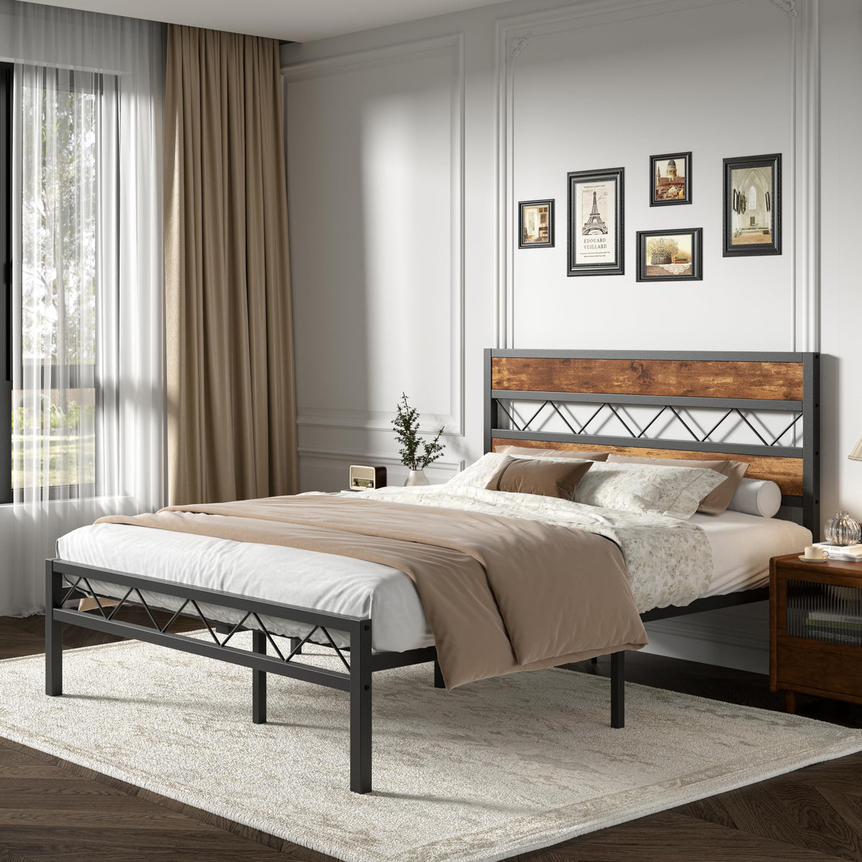 VECELO Full Size Bed Frame with Headboard, Heavy-Duty Platform Bedframe with Metal Slats Support, No Box Spring Needed, Easy Assembly, Black & Brown VECELO