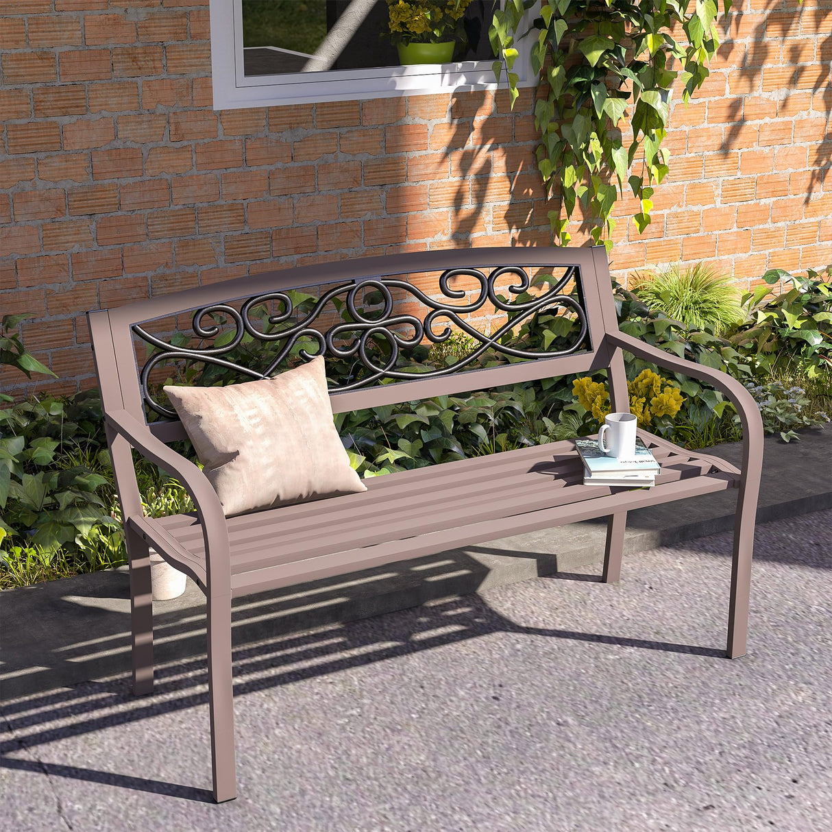 Outsunny 50" Outdoor Bench, Metal Garden Bench with Floral Pattern Backrest, Porch Bench with Slatted Seat for Park, Yard, Lawn, Brown Outsunny