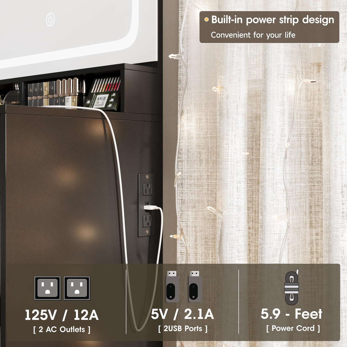 Makeup Vanity with Glass Top, Black Vanity Desk with Mirror and Lights, Vanity with Power Outlet and Jewelry Cabinet, Vanity Table with 3 Color Lighting Modes, Dressing Table for Women, Girls Maupvit