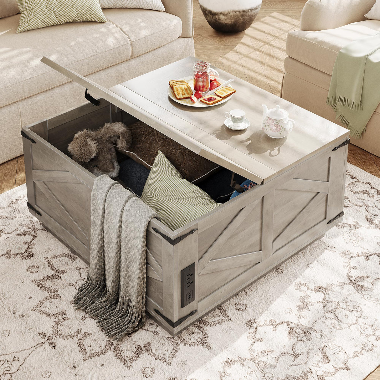 Farmhouse Coffee Table with Storage, Lift Top Coffee Table Square Wood Center Table with LED Light, Charging Station and Hidden Compartment Coffee Tables Rustic Furniture for Living Room (Gray) Jocoevol