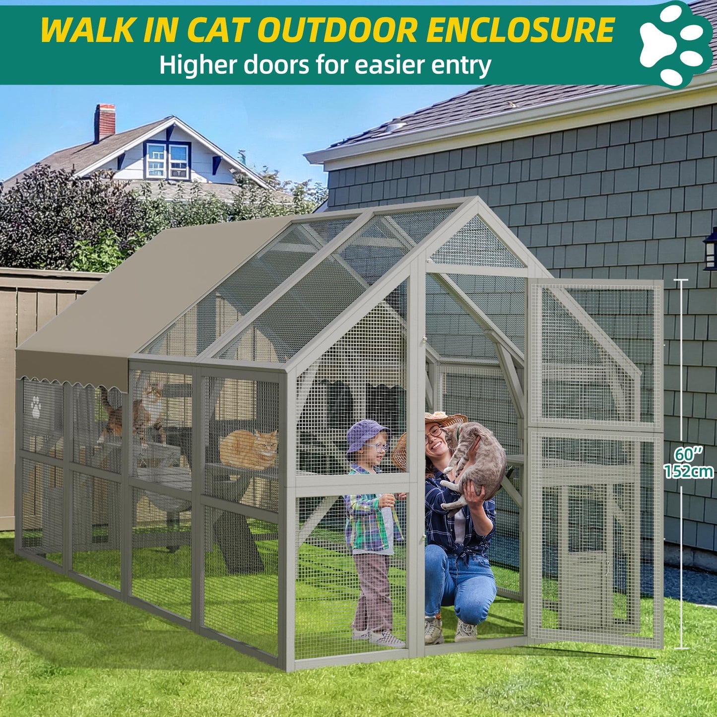 YITAHOME Extra Large Catio Outdoor Cat Enclosure, 110 inch Outside Cattery with Weatherproof Roof, Cat Scratcher Ramp, Cat Space Capsule Bed, 2 Bridges, 2 Resting Houses, 7 Platforms