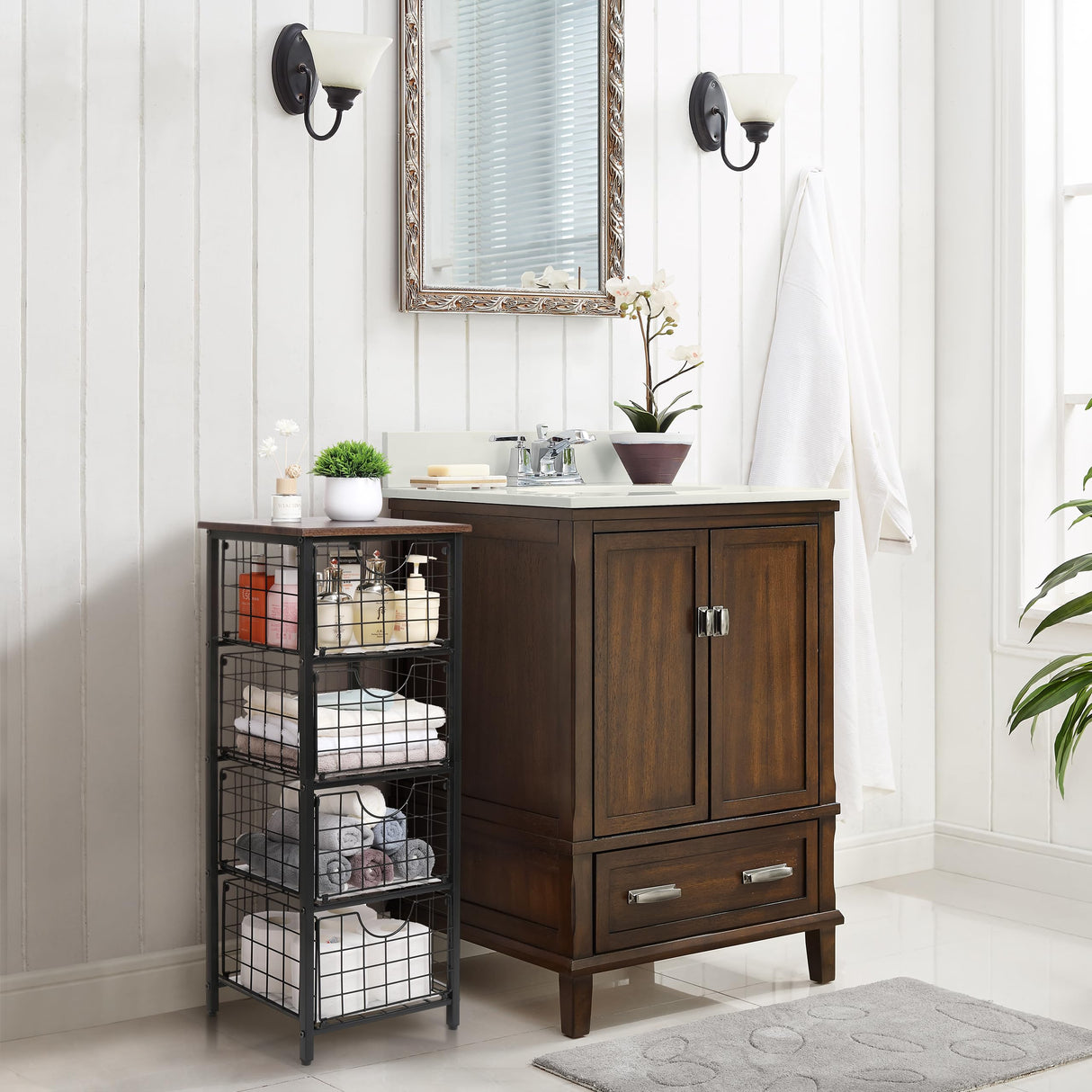 DINGTAI 5-Tier FreeStanding Storage Shelves with 4 Pull-Out Baskets,Bathroom Organizer Shelves Unit with WoodTop,Fruit Basket for Kitchen,Storage Tower Organizer Basket Cart for Bathroom，Black DINGTAI