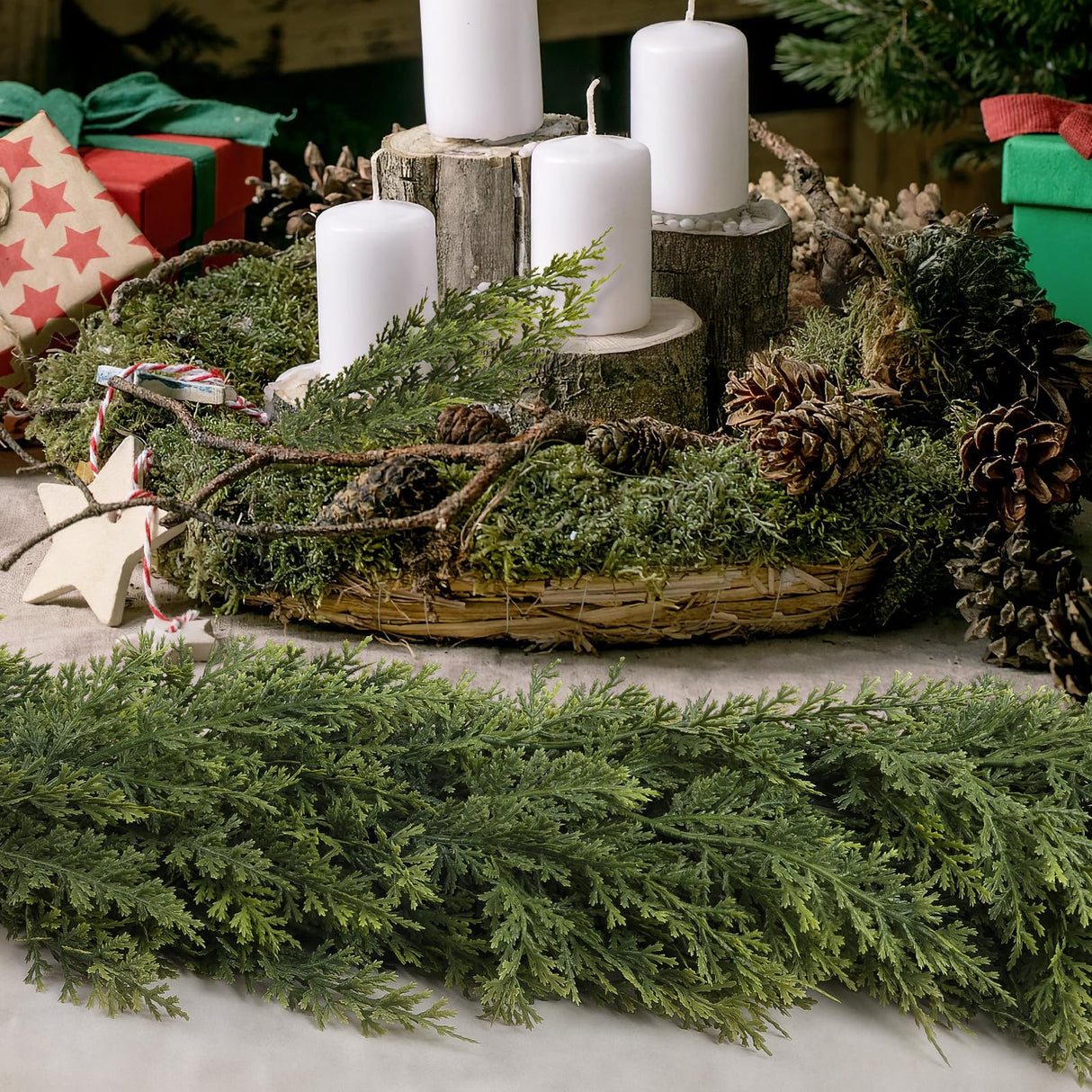 N&T NIETING 9ft Christmas Cedar Garland with Realistic Soft Thickness Pine, Artificial Green Faux Cedar Pine Garland for Fireplace Mantle Fireplace Indoor Outdoor Holiday Party Home Decoration N&T NIETING