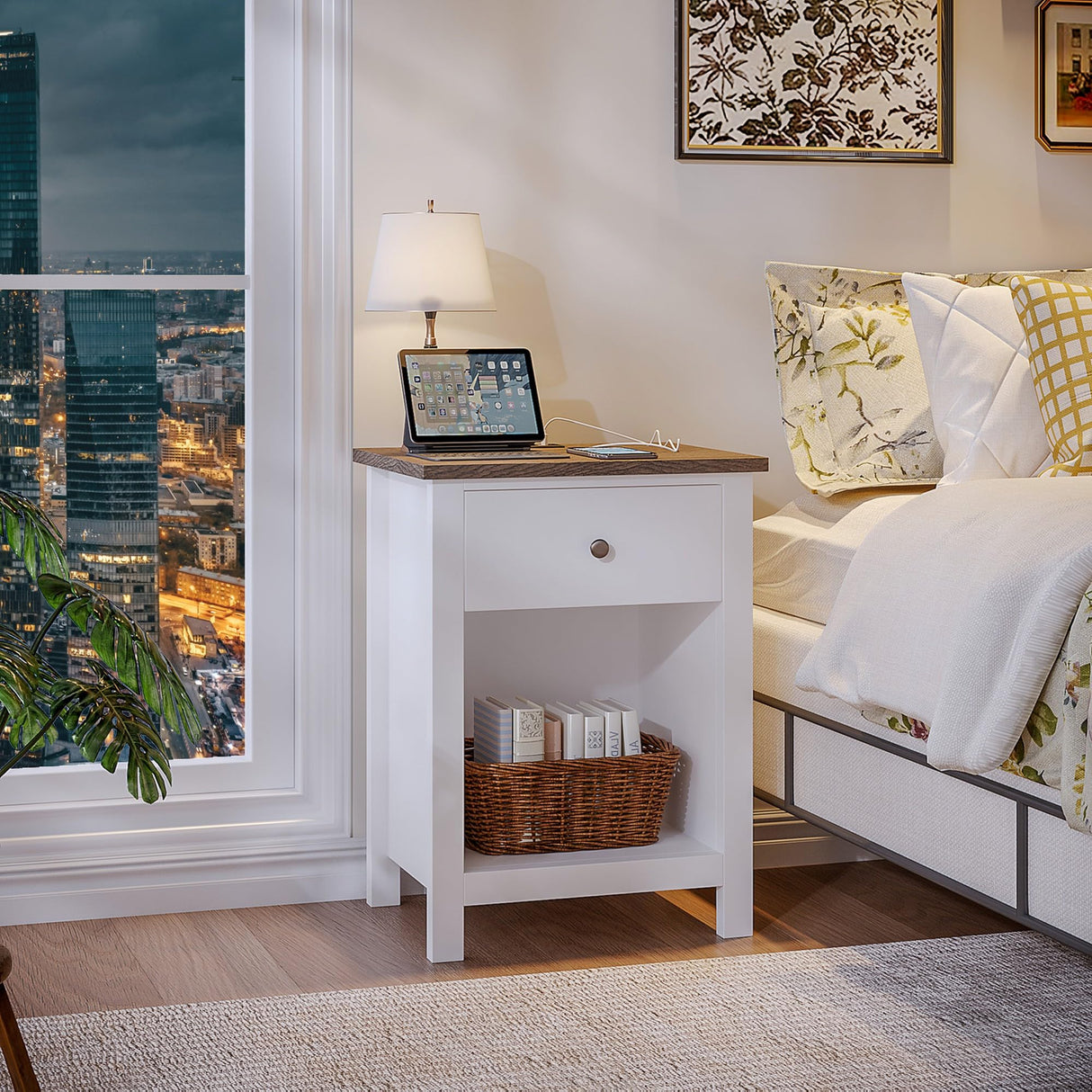 ChooChoo Farmhouse Nightstand with Charging Station, Wooden Top Bedside End Table with Drawer and Storage Space for Bedroom, White ChooChoo