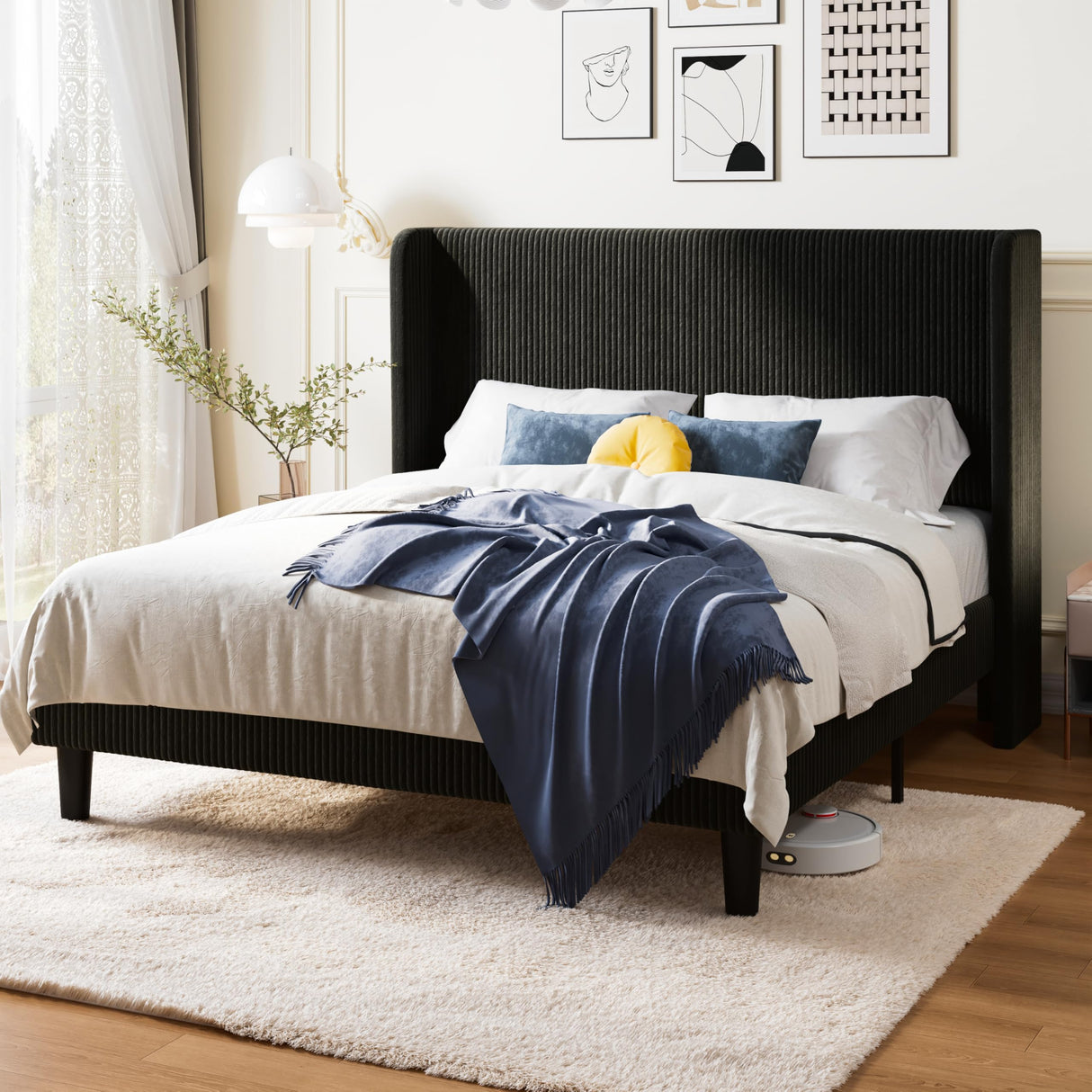 Allewie Full Size Bed Frame with Upholstered Wingback Headboard, Vertical Channel Tufted Corduroy Velvet Platform Bed, Strong Wooden Slats Support, No Box Spring Needed, Easy Assembly, Sturdy, Black Allewie