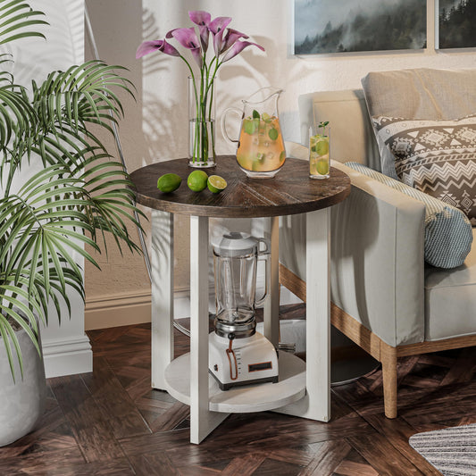 Round Wood End Table with Storage, Farmhouse Rustic Accent Table with Distressed Wood Top, Circle Table for Living Room, Brown - WoodArtSupply