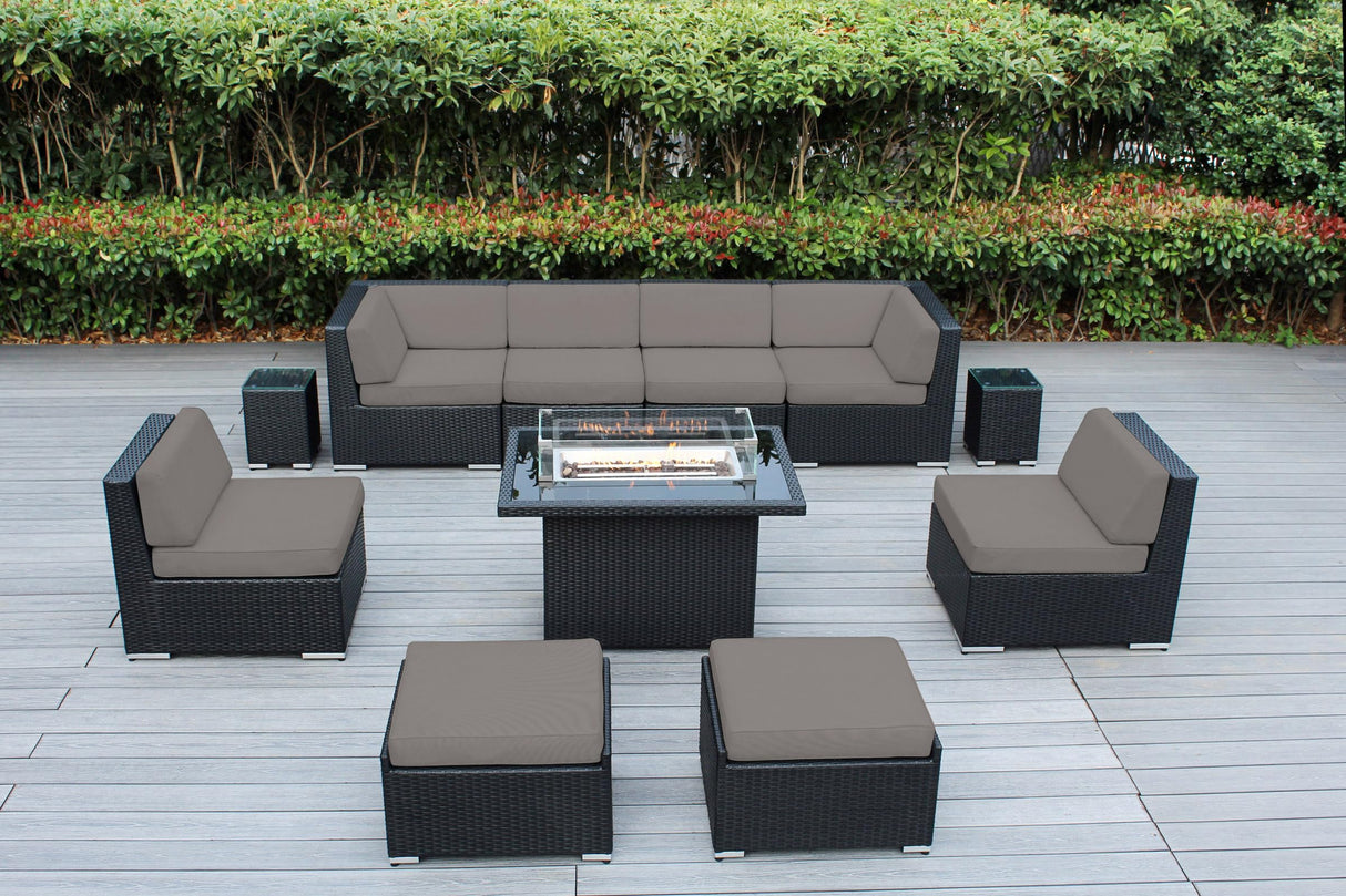 Fully Assembled Sunbrella Taupe Sectional 11 Piece Ohana Outdoor Patio Furniture Black Wicker Conversation Set with 42-inch Propane Gas Fire Table Ohana Depot
