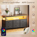 Huuger LED TV Stand for Bedroom, 47 Inch Dresser with Power Outlets, Entertainment Center for 55, 50, 43 Inch TV, 6 Drawer Dresser for Bedroom, Chest of Drawers with Shlef, PU Leather, Rustic Brown Huuger