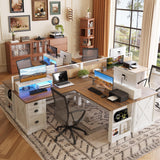 Lareth L Shaped Desk with Monitor Stand Farmhouse Computer Desk with Led Light and Power Outlet, Executive Desk for Home Office Room Workstation with File Cabinet for Working Gaming, Antique White Lareth