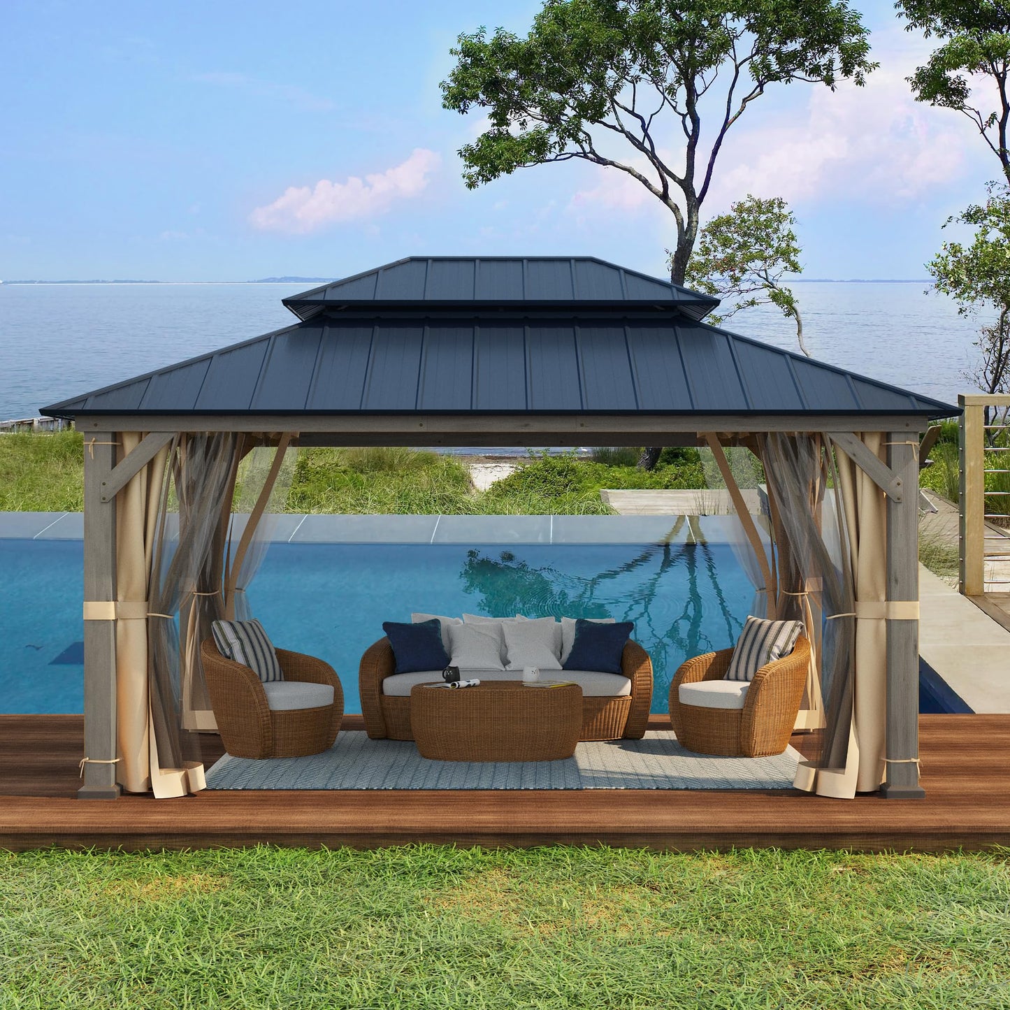 MELLCOM 12' x 16' Outdoor Hardtop Gazebo, Cedar Wood Framed Gazebo with Powder Coated Metal Roof for Gardens, Patios, Lawns,Grey - WoodArtSupply