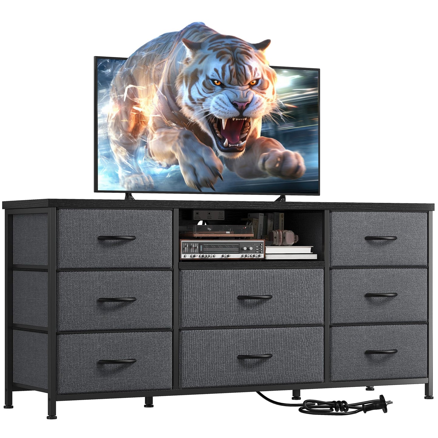 EnHomee Dresser TV Stand with Power Outlet Entertainment Center with 8 Fabric Deep Drawers Media Console Table for 55" TV Wide Storage Drawer Dresser for Bedroom, Living Room, Entryway, Grey