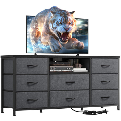 EnHomee Dresser TV Stand with Power Outlet Entertainment Center with 8 Fabric Deep Drawers Media Console Table for 55" TV Wide Storage Drawer Dresser for Bedroom, Living Room, Entryway, Grey EnHomee