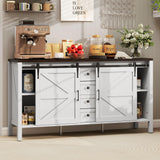 HOMCOM 59 Inch Farmhouse Sideboard Buffet Cabinet with Thick Top, Coffee Bar Cabinet with 2 Sliding Barn Doors, 4 Drawers and 2 Adjustable Shelves for Kitchen, Distressed White HOMCOM