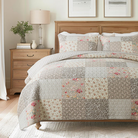SLPR Walk in The Cotswolds Patchwork Cotton Pieced Quilt Set - Twin Size with 1 Sham, Neutral Floral & Cream Cottage Quilted Bedspread, French Country Farmhouse Bedding for All Seasons SLPR