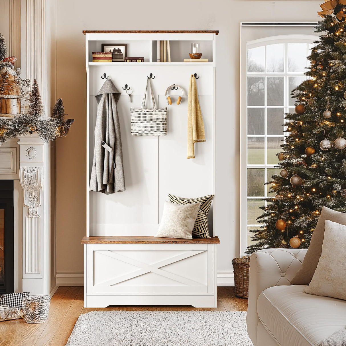 SogesHome Hall Tree with Bench, Coat Rack Close Storage with Shoe Bench, Farmhouse Tree Hall with 2 Storage Cabinet, 5 Hooks, Narrow Tall Cabinet for Entryway and Space Saving SogesHome