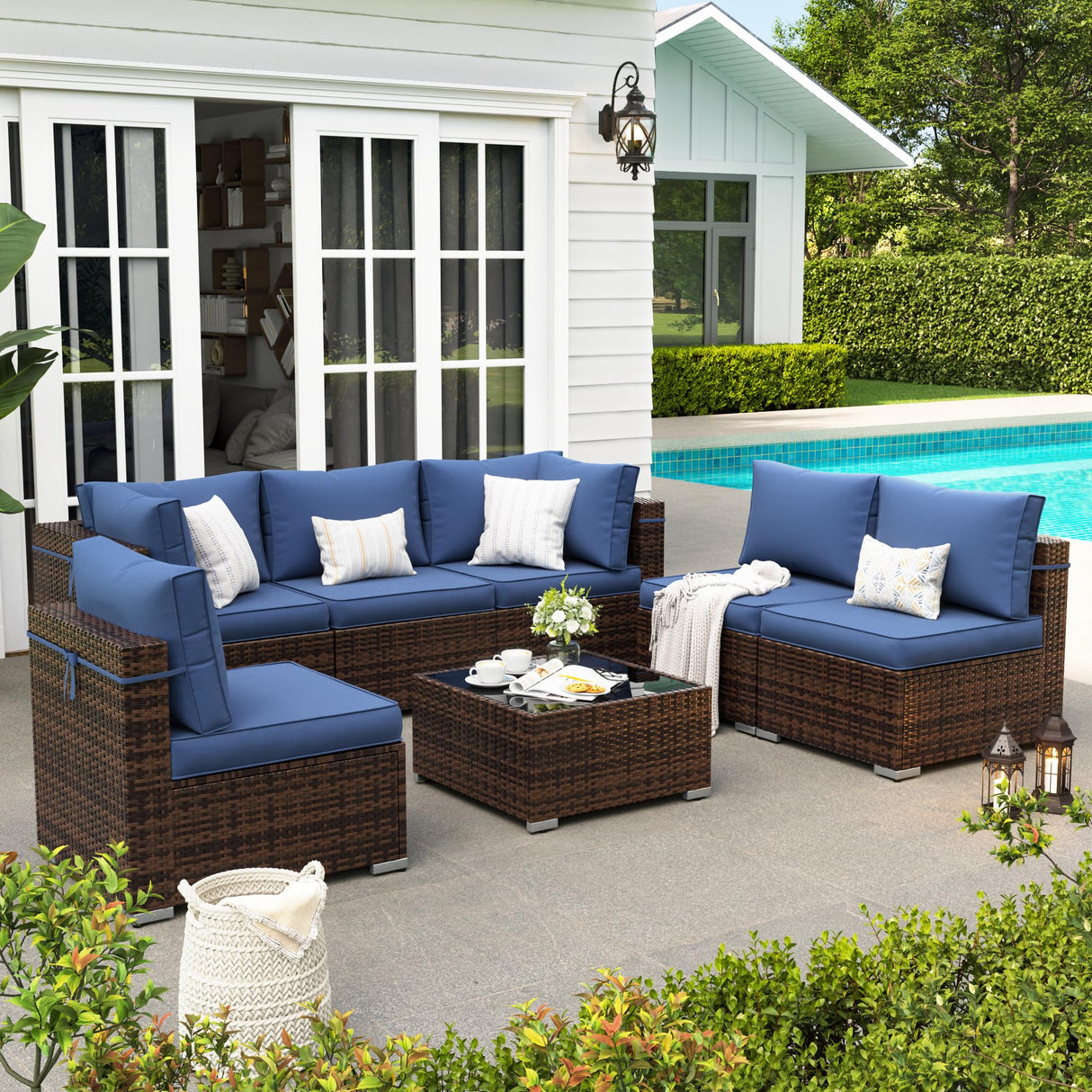 VONZOY Patio Furniture Set, 7-Piece Outdoor Sectional with Free Cover, All-Weather Wicker Patio Conversation Sets for Backyard (Brown with Navy Cushion) VONZOY