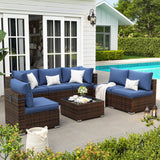 VONZOY Patio Furniture Set, 7-Piece Outdoor Sectional with Free Cover, All-Weather Wicker Patio Conversation Sets for Backyard (Brown with Navy Cushion) VONZOY