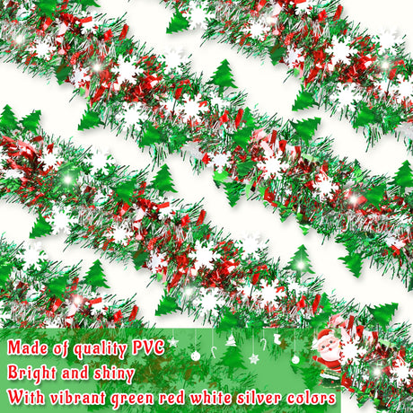 50 FT Christmas Decorations Tinsel Garland with Snowflake Christmas Tree, Red Green Silver Shiny Metallic Twist Christmas Garland for Home Tree Mantle Stairs Indoor Outdoor Holiday Xmas Party Decor Lairyan