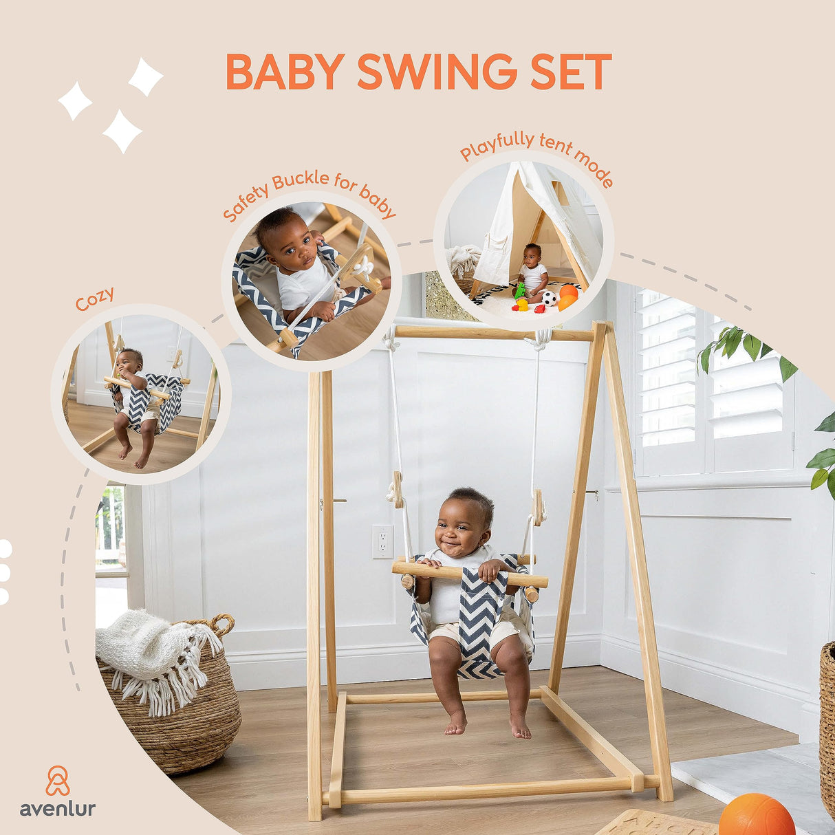 Avenlur Spruce Baby and Toddler Swing with Stand - Foldable Baby Swing - with Seat Belt and Padded Pillow - Free Standing Toddler Swing for Children 6 Months to 3 Years - Montessori and Waldorf Style Avenlur
