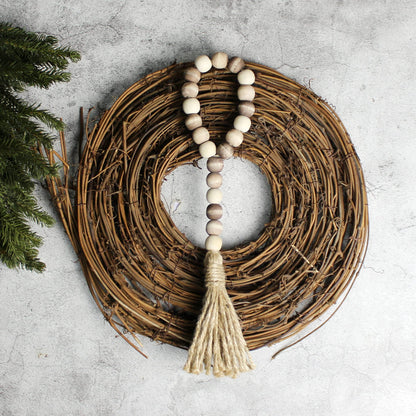 CVHOMEDECO. Wood Bead Garland with Tassels 3 PCS Farmhouse Rustic Wooden Prayer Beads String Wall Hanging Accent for Home Festival Decoration. Mix Distressed