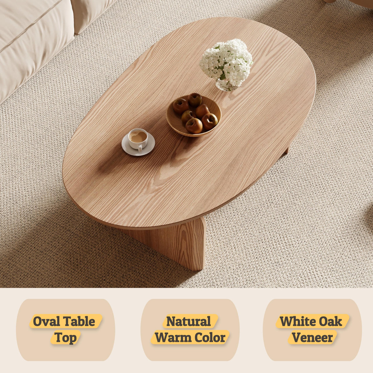 Honyee Modern Oval Coffee Table, Small Coffee Tables for Living Room - Oak Wood Top with Solid Legs, Wooden Center Table Easy Assembly for Living Room &Bedroom,Office, Natural Honyee