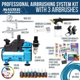 Master Airbrush Cool Runner Dual Fan Air Compressor Professional Airbrushing System Kit with 3 Airbrushes, Gravity & Siphon Feed - 6 Primary Opaque Colors Acrylic Paint Artist Set, Hose & Holder Master Airbrush