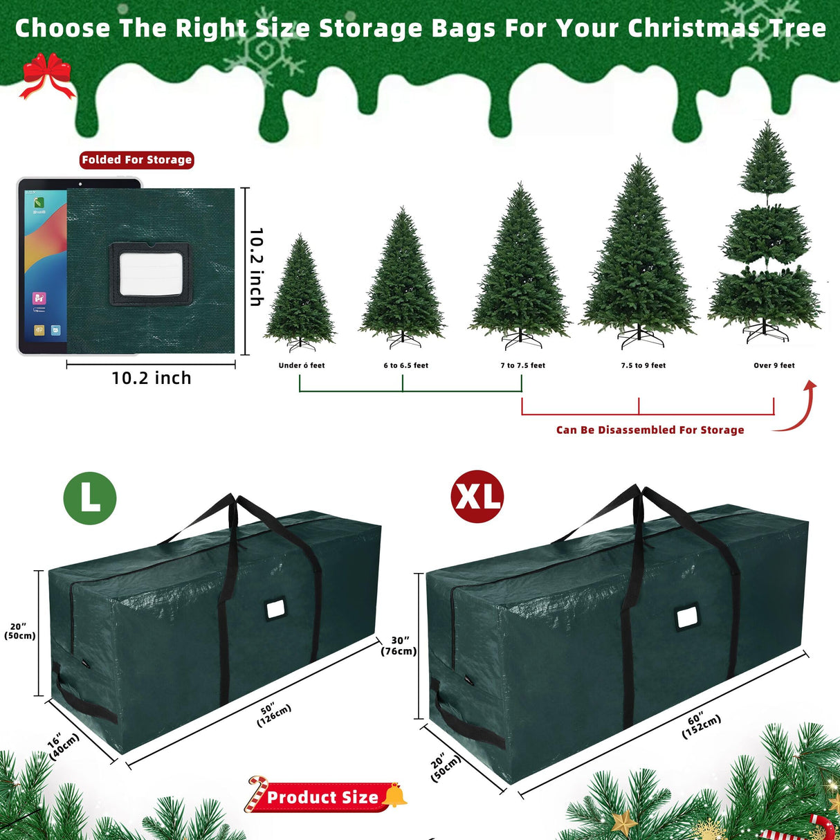 Large Christmas Tree Storage Bags Heavy Duty Tree Bags Holiday Storage Bags Protects From Moisture Or Dust,Alternative To Xmas Tree Storage Box (Green, 7.5 Ft) lucdnc