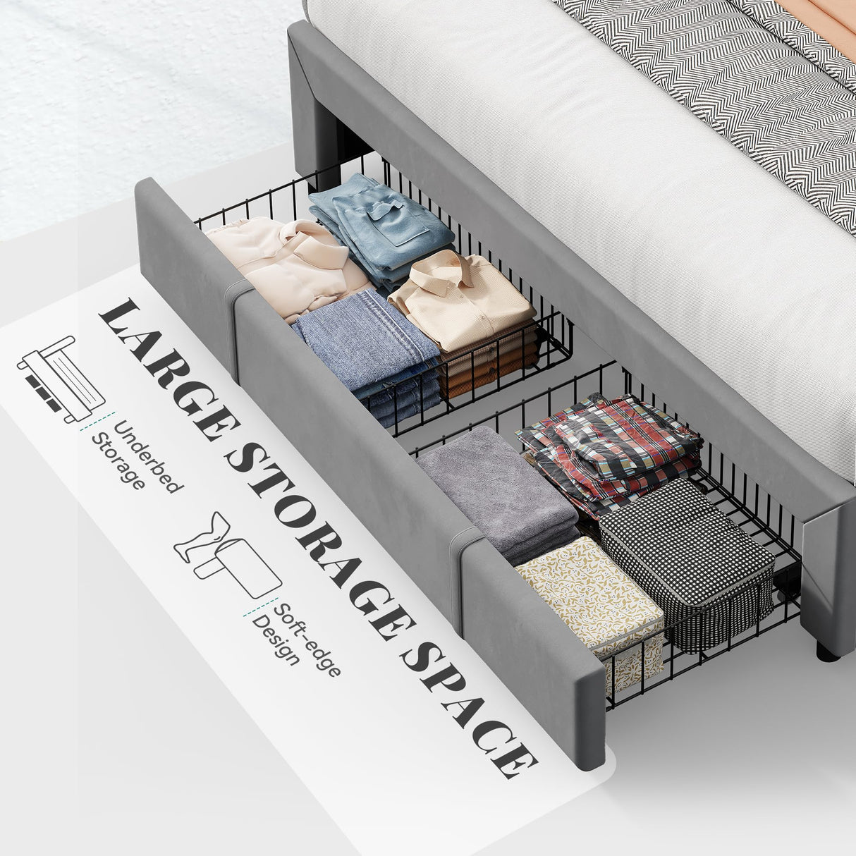 YITAHOME King Bed Frame with 3 Drawers, Upholstered Bed Frame with Storage Headboard, LED Platform Bed with Charging Station, No Box Spring Required, Simple Setup (Grey) YITAHOME