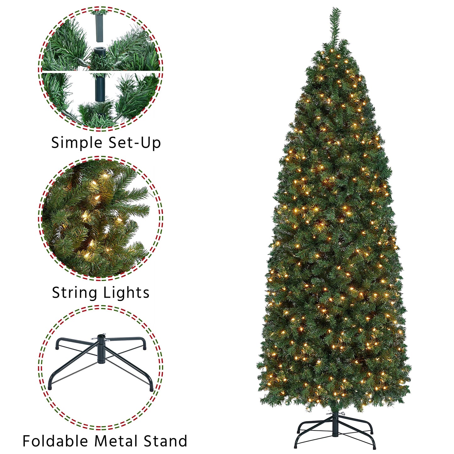 Yaheetech 6ft Pre-lit Artificial Christmas Tree Hinged Spruce Pencil Tree Corner Xmas Tree with 250 Warm Lights & Foldable Stand Holiday Decoration, Green