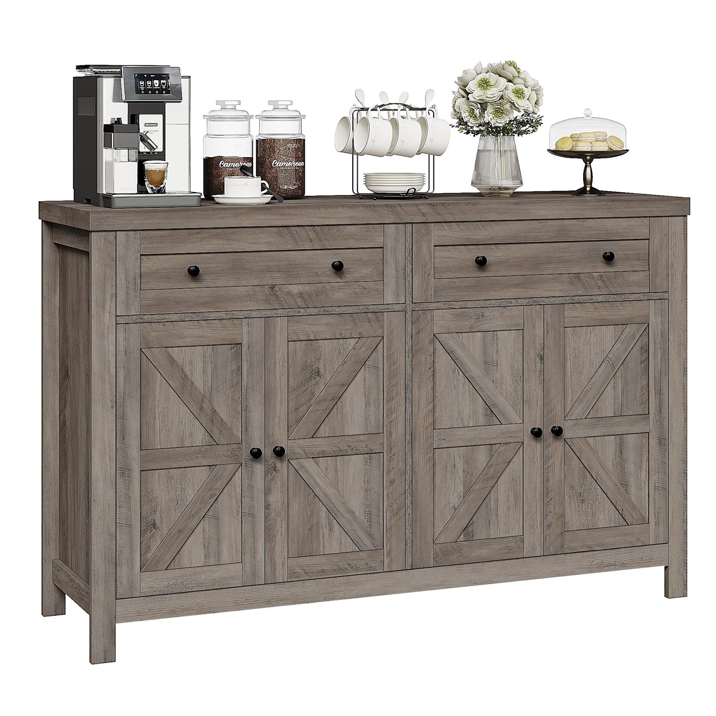 HOSTACK 55" Buffet Sideboard Cabinet with Storage, Modern Farmhouse Coffee Bar Cabinet with Drawers and Shelves, Barn Door Storage Cabinet for Kitchen, Living Room, Ash Grey - WoodArtSupply