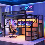 Queen Loft Bed with Desk and RGB Light, Metal Loft Bed Frame with Stairs and Bedside Shelf, Heavy-Duty Lofts Beds with Storage Shelves and Wardrobe for Kids Teens, Black Mirightone
