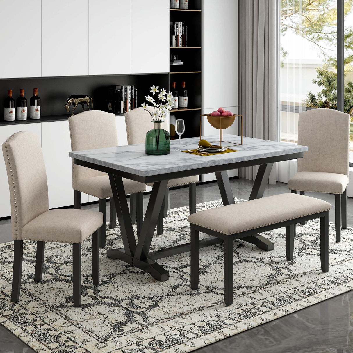 6 Piece Dining Table Set, Modern Style 6-Person Dining Table with 4 Upholstered Chairs & a Bench, Wood Kitchen Table Set for 6 Persons, White +Black Merax