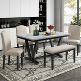 6 Piece Dining Table Set, Modern Style 6-Person Dining Table with 4 Upholstered Chairs & a Bench, Wood Kitchen Table Set for 6 Persons, White +Black Merax