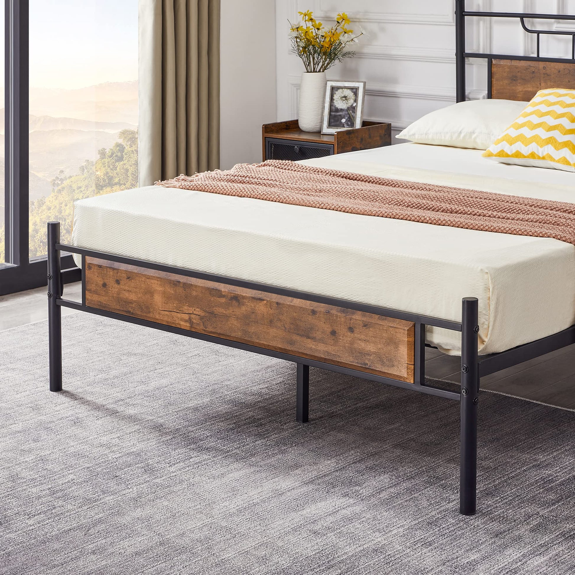 VECELO Rustic Industrial Queen Platform Bed Frame with Wood Headboard - No Box Spring Needed, Brown - WoodArtSupply