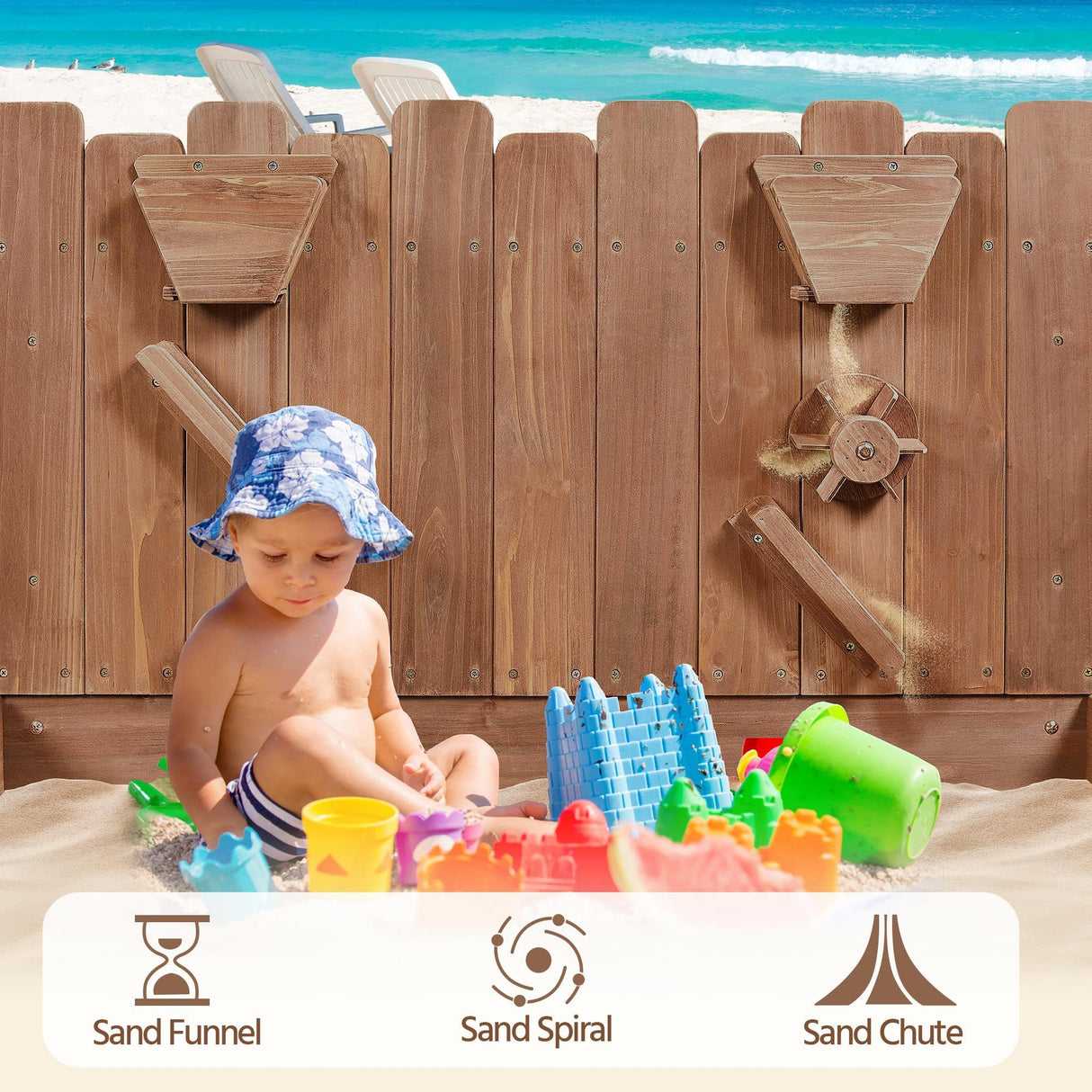 Yaheetech 53× 44.5in Wood Sand Box for Kids Ages 3-8, Sandboxes for Backyard Patio Garden Beach Outdoor Play Use, w/Fabric Liner Funnel Chutes Spinning Wheel & 2 Storage Compartments Yaheetech