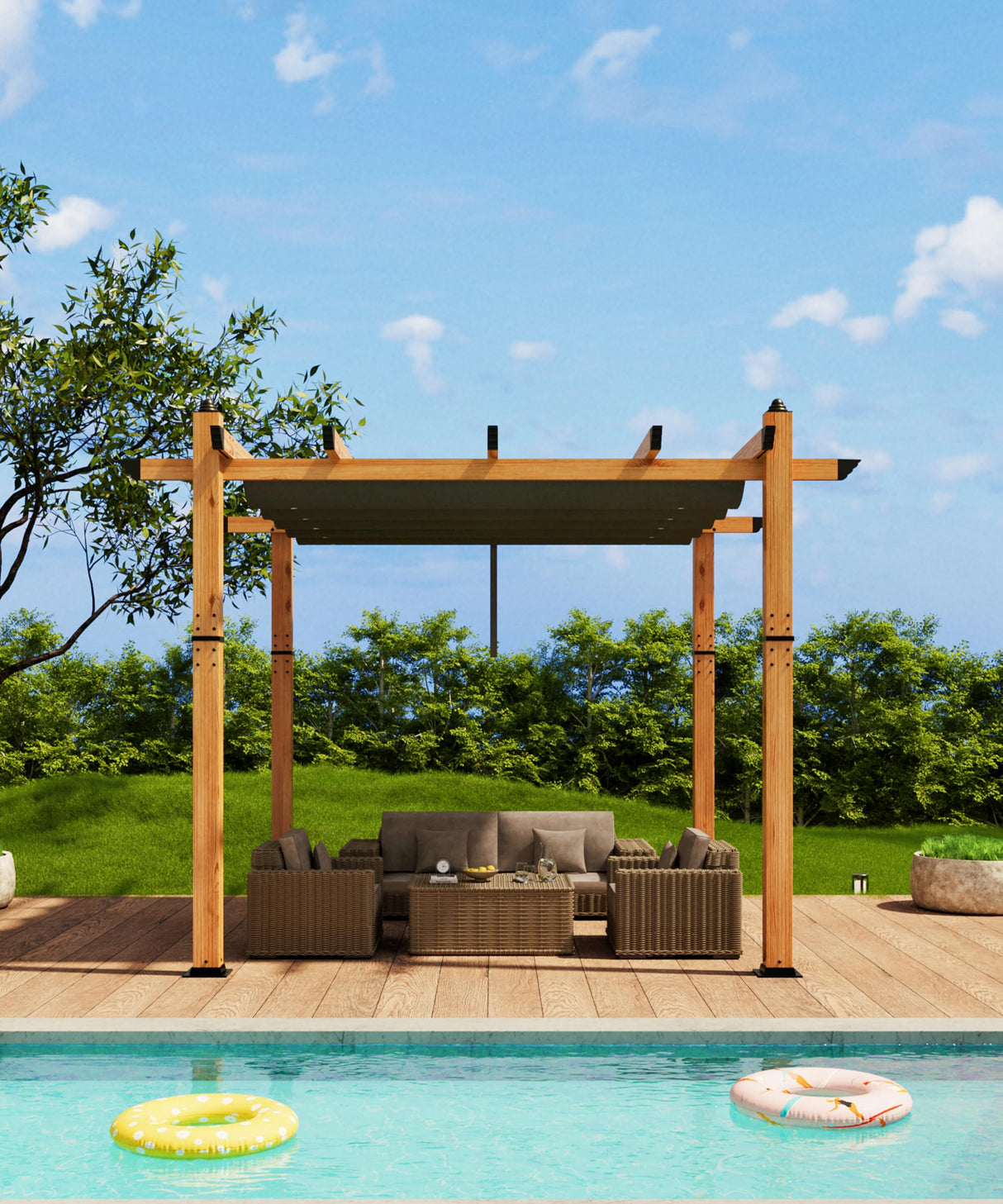 GarveeLife 10 x 10 Ft Wood-Grain Aluminum Pergola Outdoor Pergola with Retractable Canopy Sun Shade Shelter for Garden, Patio, Backyard, Deck - Gray GarveeLife