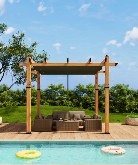 GarveeLife 10 x 10 Ft Wood-Grain Aluminum Pergola Outdoor Pergola with Retractable Canopy Sun Shade Shelter for Garden, Patio, Backyard, Deck - Gray GarveeLife
