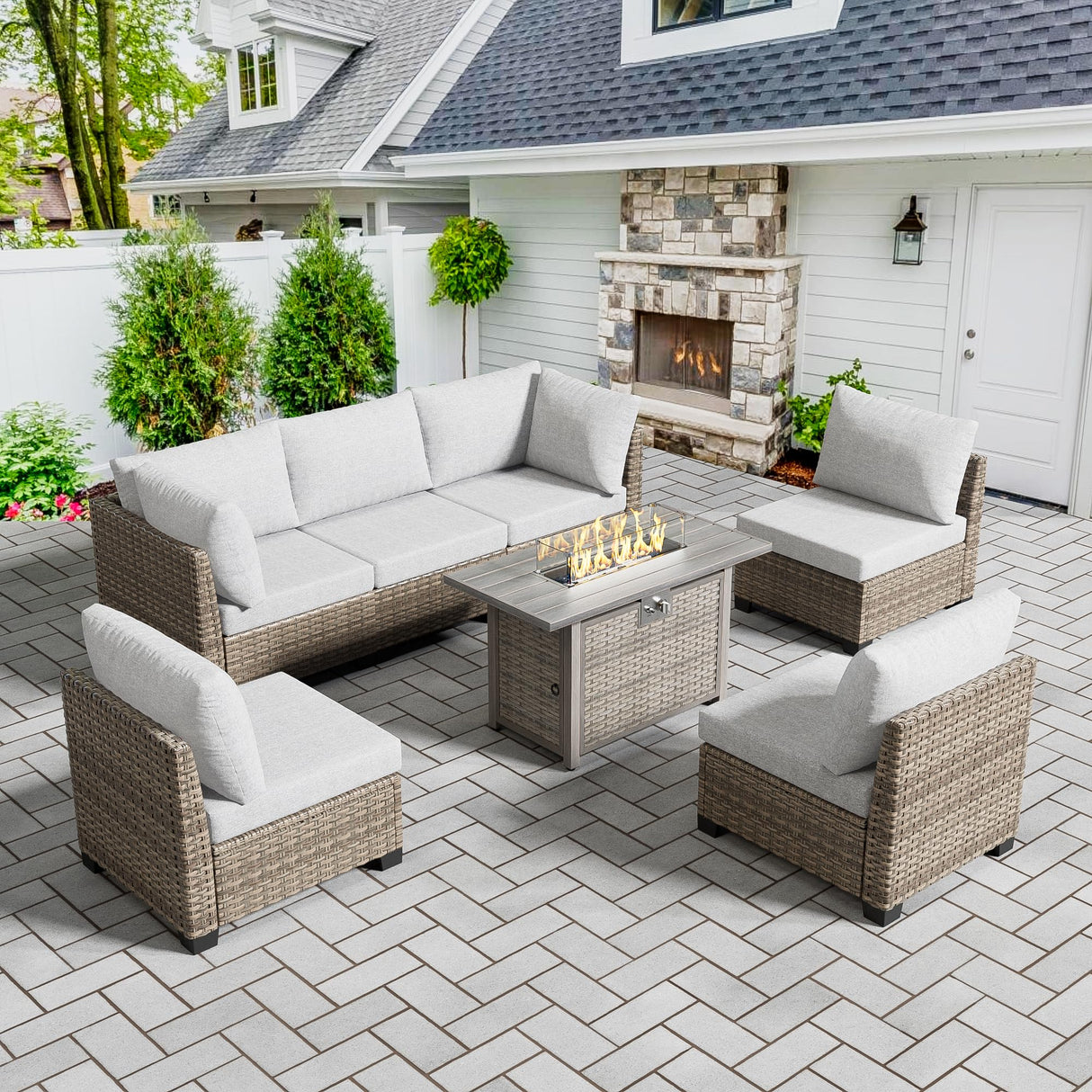 SUNPEAK Patio Furniture Set Q01 Series Sofa 7 Pieces Outdoor Furniture Set Sectional Couch with Fire Pit Table Balcony Furniture Patio Table and Chairs Set with Propane Fire Pit SUNPEAK