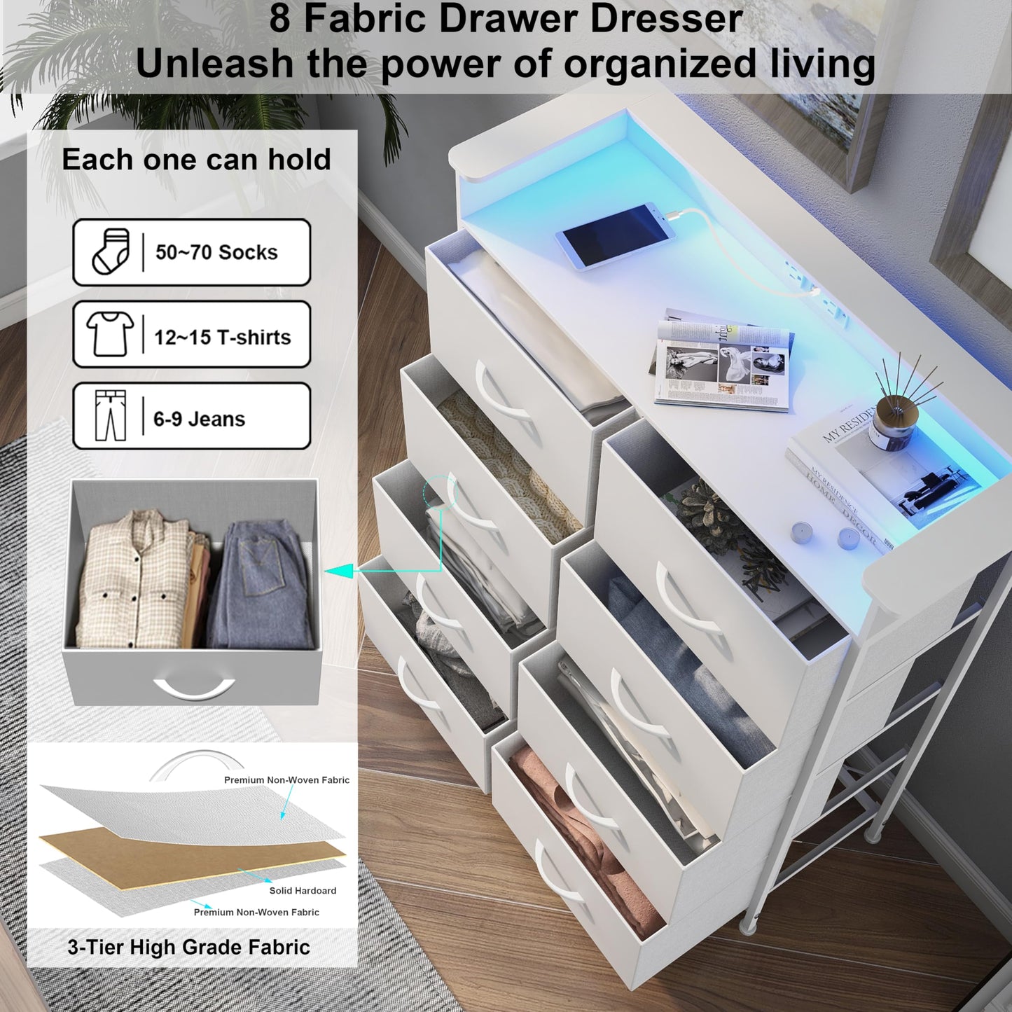 Welfuturer White Dresser for Bedroom with Power Outlets and LED Lights Narrow 8 Fabric Drawers Dressers Tall Storage Tower Unit for Entryway Closet Hallway Living Room Sturdy Steel Frame Wooden Top