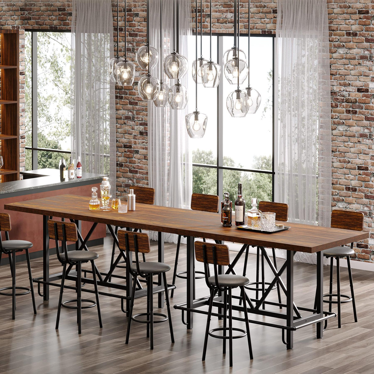 Tribesigns Bar Table, Industrial Counter Height Pub Table with Metal Footrest, 63-Inch Rectangle Wood Kitchen Dining Table with Sturdy Metal Frame for Dining Room, Home Bar (Brown) Tribesigns