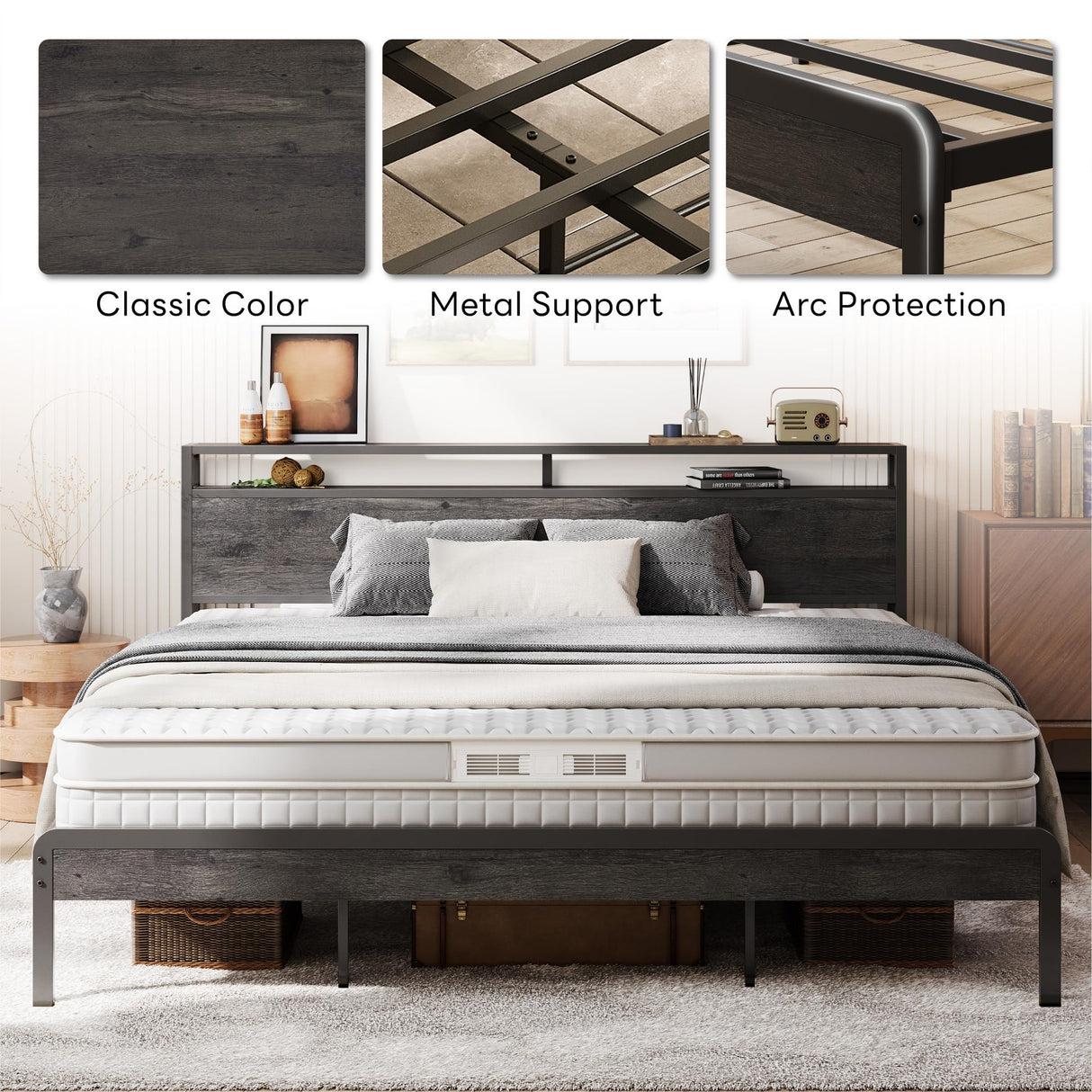 LIKIMIO King Bed Frame with Headboard, Dark Wood Camas King with Strong Supports, Sturdy, Noise-Free, No Box Spring Needed, Charcoal Grey LIKIMIO