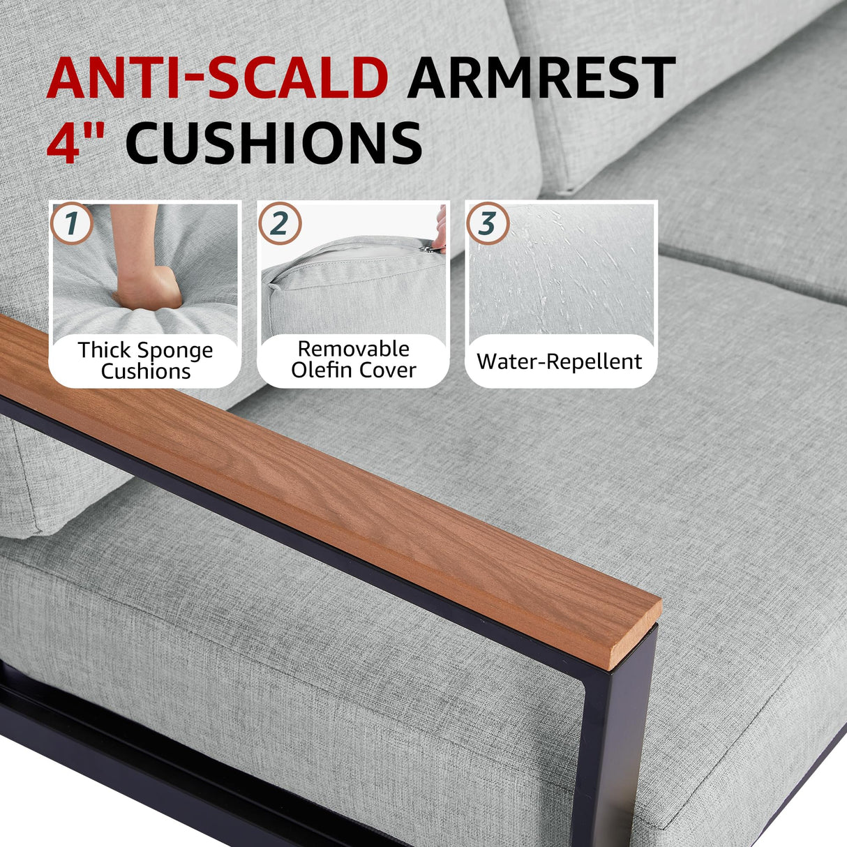 NATURAL EXPRESSIONS 4 Pieces Patio Furniture Sets,Outdoor Metal Sectional Furniture Modern Patio Conversation Set,Fuaxwood Anti-Scald Armrest,Sling Mesh,Tempered-Glass Table,4" Olefin Cushions NATURAL EXPRESSIONS