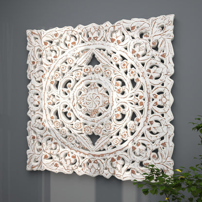 Deco 79 Wooden Floral Handmade Home Wall Decor Intricately Carved Wall Sculpture with Mandala Design, Wall Art 36" x 2" x 36", White - WoodArtSupply