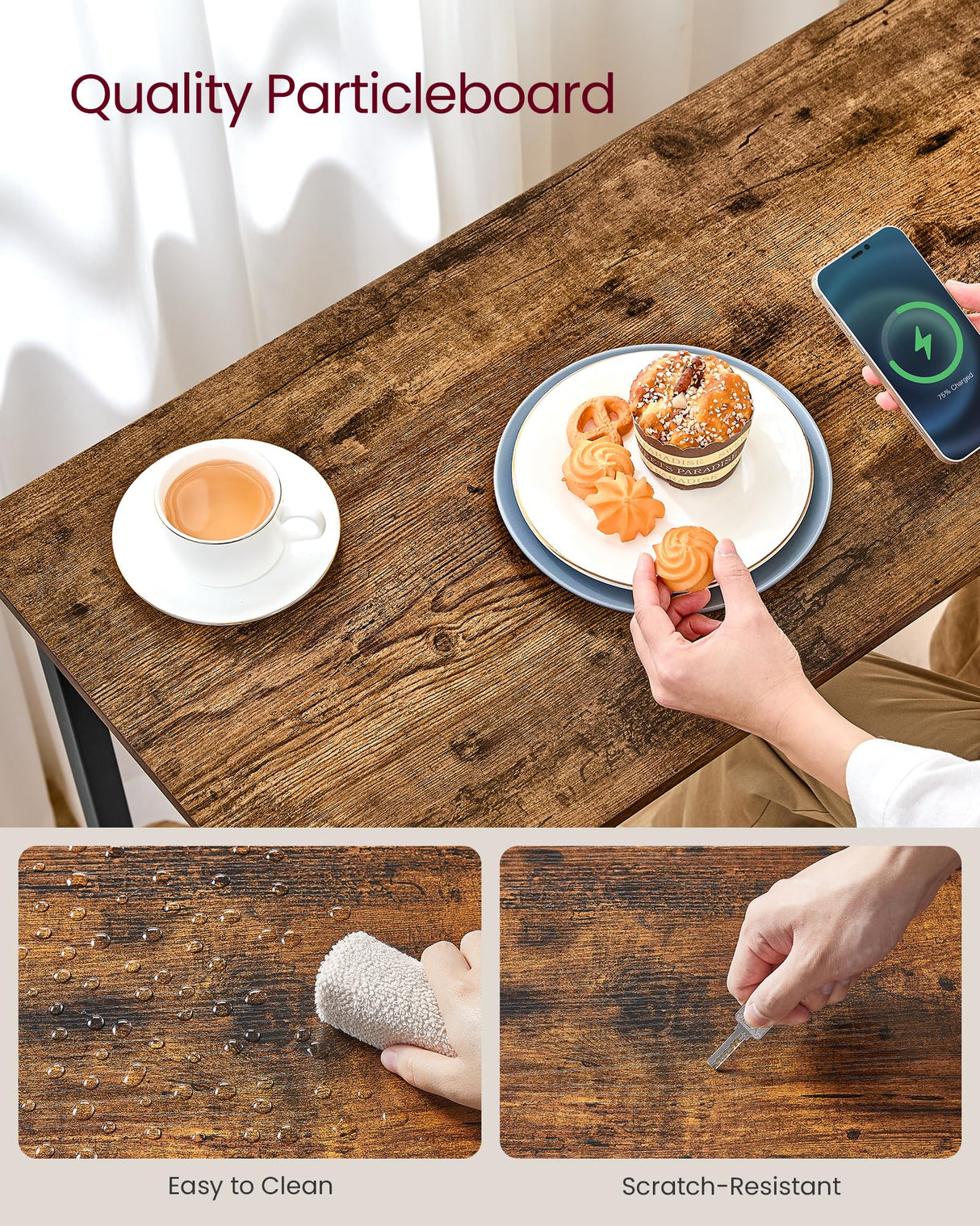 VASAGLE Bar Table, Narrow Long Kitchen Dining Table with Charging Station, Sturdy Metal Frame, Industrial, 15.7 x 47.2 x 35.4 Inches, Rustic Brown and Ink Black ULBT121K01 VASAGLE