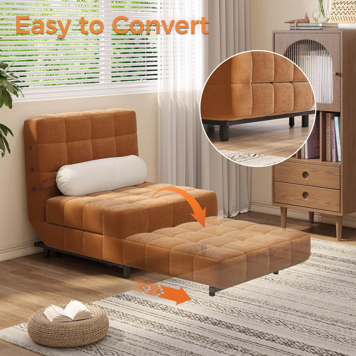 JASIWAY Convertible Chair Bed Sleeper for Adults, 3-in-1 Convertable Single Sofa Futon Chair for Small Spaces, Foldable Sleeping Chaise Lounge, Trifold, Armless, Corduroy (Caramel) JASIWAY