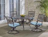 Hanover Traditions 5-Piece Rust Resistant Aluminum Patio Dining Set with Blue Cushions, Swivel Rockers and Aluminum Round Dining Table, Outdoor Dining Set for 4 Hanover