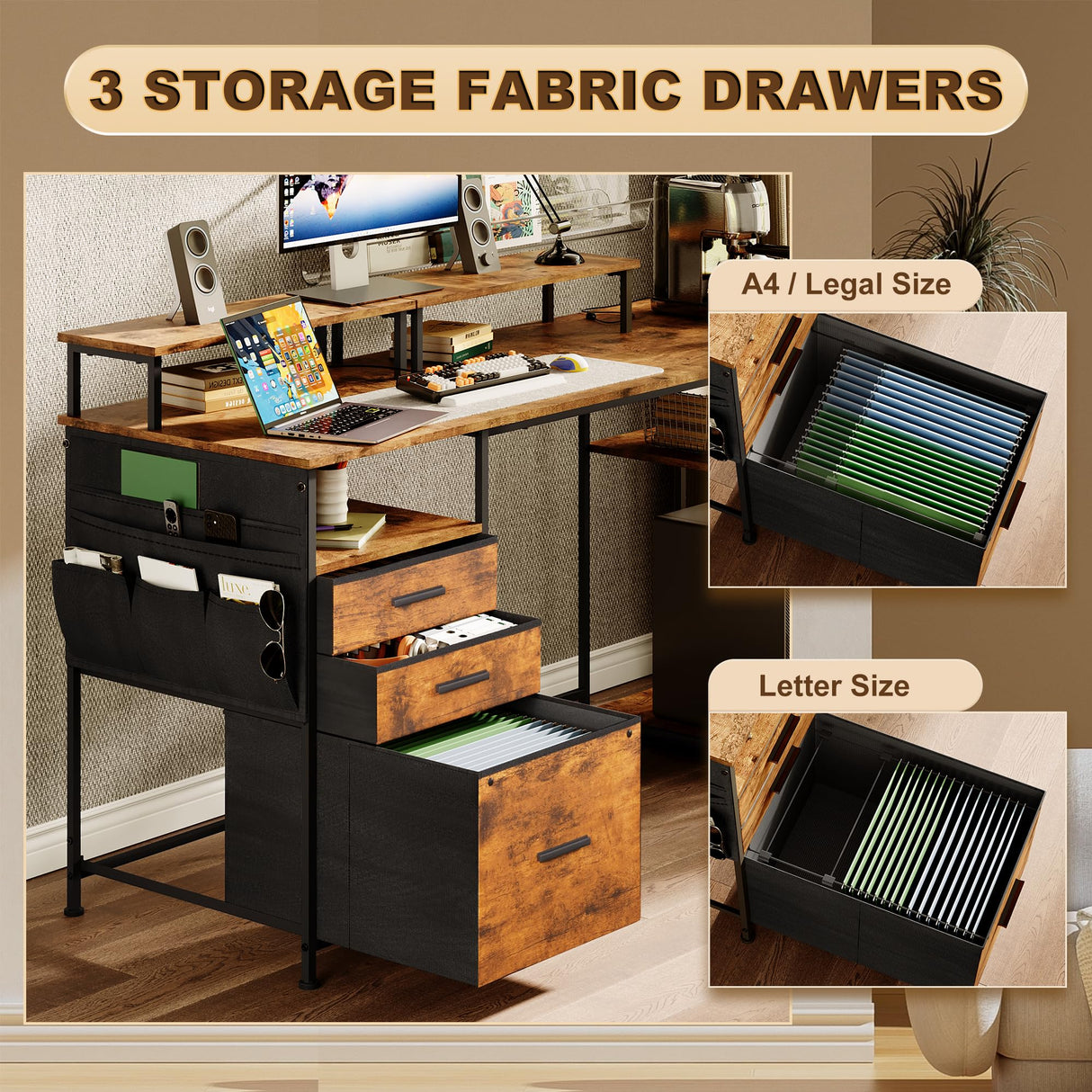 EKNKOZY Computer Desk with 3 File Cabinet Drawers, 57.8'' Reversible Gaming Desk, Office Desk with Storage Shelves and Dual Monitor Stand for Home & Office (Rustic Brown) EKNKOZY