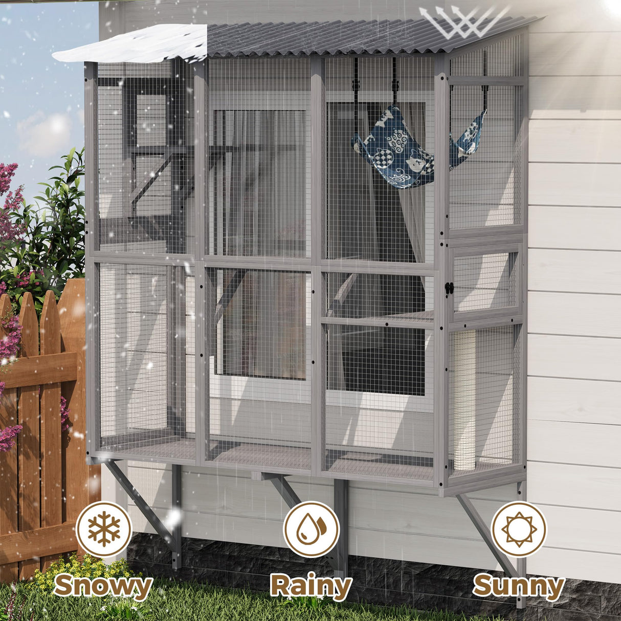 KEIKI 77" H Cat House Outdoor Catio for Cats, Weatherproof Large Walk-in Window-Mounted Cat Enclosure with 3 Access Doors, Multi-Level Cat Playhouse, Secure Outdoor Cat House, Gray KEIKI