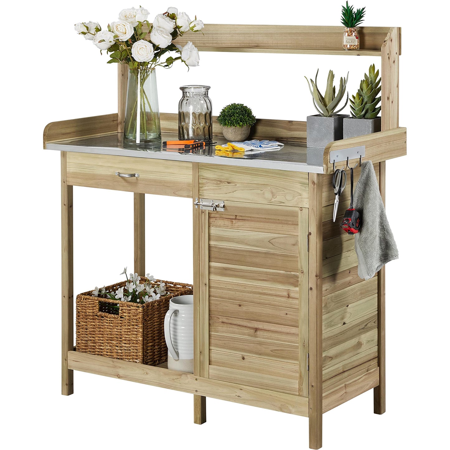 Topeakmart Garden Potting Bench Potting Table ACQ Lumber Wood Outdoor Work Station Work Bench Planting with Cabinet & Drawer & Top Shelf & Lower Shelf Light Green - WoodArtSupply